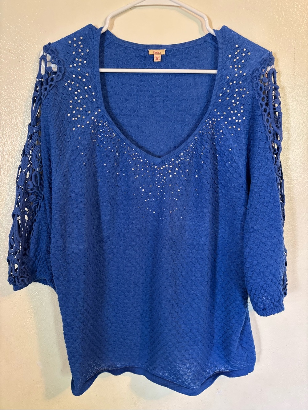 Reba Royal Blue Crochet Sleeve V-Neck Top with Rhinestones